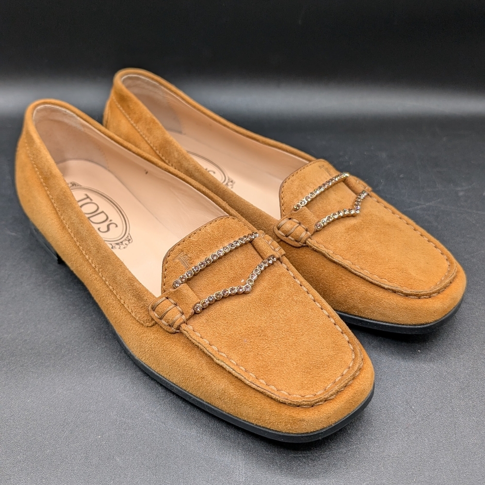 NWOT Tod's Brown Suede Loafers Rhinestone Buckle, Rubber Sole, US W7